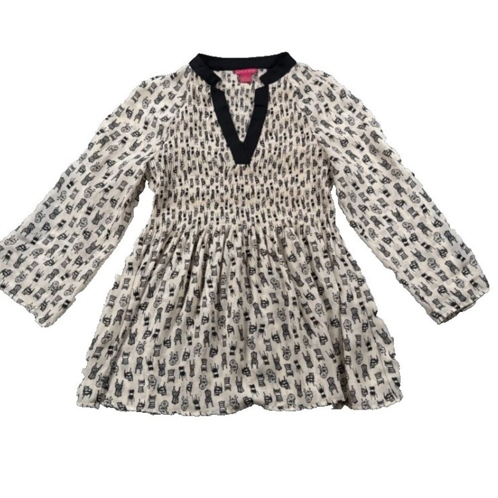 Sunny Leigh Women’s Smocked Tunic Top Size XL Black Chair Print LS Semi Sheer
